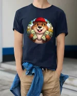 Funny Money Beaver T-Shirt Cute Rich Animal Graphic Style - model wearing navy tee with hands in pockets