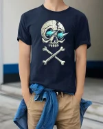 Cracked Skull T-Shirt Cool Lightning Eyes Dark Graphic Tee - model wearing navy tee with hands in pockets