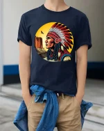 Native Chief Feather Headdress T-Shirt Vintage Art Style Tee - model wearing navy tee with hands in pockets