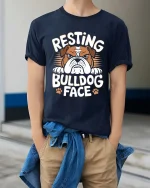 Resting Bulldog Face T-Shirt Funny Dog Lover Graphic Tee - model wearing navy tee with hands in pockets