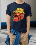 Funny Pineapple Bucket Hat Skull T-Shirt Cool Summer Vibes - model wearing navy tee with hands in pockets