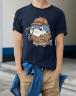 Cute Detective Shark T-Shirt Funny Cartoon Mystery Style - model wearing navy tee with hands in pockets