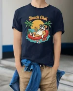 Beach Chill Dog T-Shirt Funny Summer Vacation Graphic Style - model wearing navy tee with hands in pockets