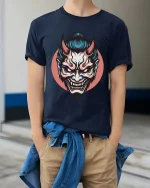 Japanese Oni Mask T-Shirt Dark Samurai Demon Graphic Style - model wearing navy tee with hands in pockets