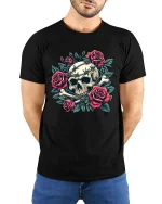 Gothic Skull Rose T-Shirt Premium Soft Dark Aesthetic Style - model wearing black tee with hands behind back