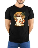 Summer Ghost Beach T-Shirt Cute Funny Vacation Graphic Style - model wearing black tee with hands behind back