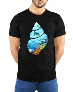 Ocean Turtle Shell T-Shirt Underwater Coral Reef Graphic Tee - model wearing black tee with hands behind back