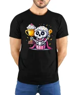 Funny Cupcake Skeleton T-Shirt Cute Sweet Graphic Style Tee - model wearing black tee with hands behind back