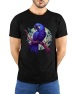 Blue Parrot T-Shirt Colorful Tropical Bird Graphic Style Tee - model wearing black tee with hands behind back