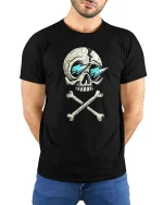 Cracked Skull T-Shirt Cool Lightning Eyes Dark Graphic Tee - model wearing black tee with hands behind back