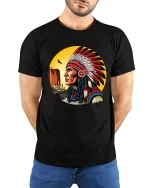 Native Chief Feather Headdress T-Shirt Vintage Art Style Tee - model wearing black tee with hands behind back