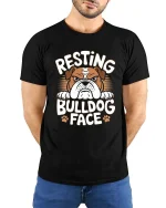 Resting Bulldog Face T-Shirt Funny Dog Lover Graphic Tee - model wearing black tee with hands behind back
