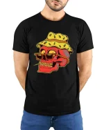Funny Pineapple Bucket Hat Skull T-Shirt Cool Summer Vibes - model wearing black tee with hands behind back