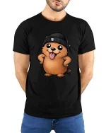 Cute Beaver Beanie T-Shirt Funny Cartoon Animal Graphic Tee - model wearing black tee with hands behind back