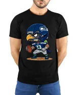 Cartoon Football Hawk T-Shirt Cute Sports Fan Game Day Style - model wearing black tee with hands behind back