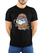 Cute Detective Shark T-Shirt Funny Cartoon Mystery Style - model wearing black tee with hands behind back