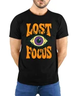 Lost Focus Eye T-Shirt Retro Psychedelic Graphic Style Tee - model wearing black tee with hands behind back