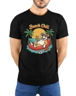 Beach Chill Dog T-Shirt Funny Summer Vacation Graphic Style - model wearing black tee with hands behind back