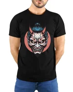 Japanese Oni Mask T-Shirt Dark Samurai Demon Graphic Style - model wearing black tee with hands behind back
