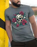 Gothic Skull Rose T-Shirt Premium Soft Dark Aesthetic Style - model wearing grey tee, leaning on column