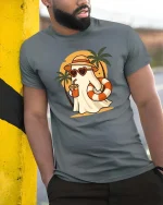 Summer Ghost Beach T-Shirt Cute Funny Vacation Graphic Style - model wearing grey tee, leaning on column