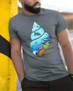Ocean Turtle Shell T-Shirt Underwater Coral Reef Graphic Tee - model wearing grey tee, leaning on column