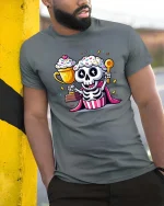 Funny Cupcake Skeleton T-Shirt Cute Sweet Graphic Style Tee - model wearing grey tee, leaning on column