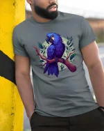 Blue Parrot T-Shirt Colorful Tropical Bird Graphic Style Tee - model wearing grey tee, leaning on column