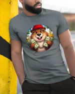 Funny Money Beaver T-Shirt Cute Rich Animal Graphic Style - model wearing grey tee, leaning on column