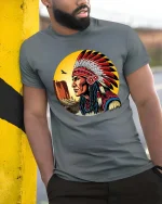 Native Chief Feather Headdress T-Shirt Vintage Art Style Tee - model wearing grey tee, leaning on column