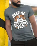 Resting Bulldog Face T-Shirt Funny Dog Lover Graphic Tee - model wearing grey tee, leaning on column