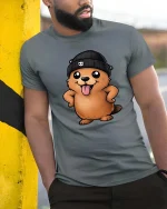 Cute Beaver Beanie T-Shirt Funny Cartoon Animal Graphic Tee - model wearing grey tee, leaning on column