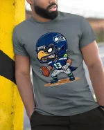 Cartoon Football Hawk T-Shirt Cute Sports Fan Game Day Style - model wearing grey tee, leaning on column