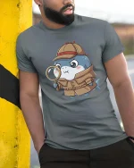 Cute Detective Shark T-Shirt Funny Cartoon Mystery Style - model wearing grey tee, leaning on column