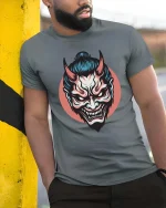 Japanese Oni Mask T-Shirt Dark Samurai Demon Graphic Style - model wearing grey tee, leaning on column