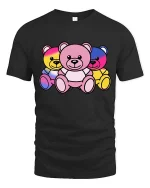 Colorful Neon Teddy Bear Trio Cute Graphic T-Shirt Design - black t-shirt on white background