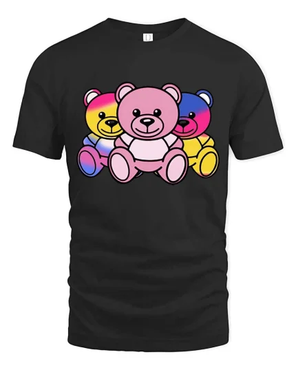 Colorful Neon Teddy Bear Trio Cute Graphic T-Shirt Design - black t-shirt on white background