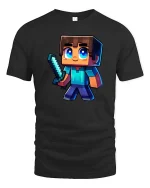 Pixel Gamer Boy Sword Retro Gaming Graphic T-Shirt Design - black t-shirt on white background