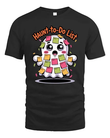 Haunt To Do List Funny Cute Ghost Graphic T-Shirt Humor Tee - black t-shirt on white background