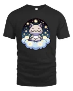 Cute Meditating Cat Moon Cloud Kawaii Graphic T-Shirt Tee - black t-shirt on white background