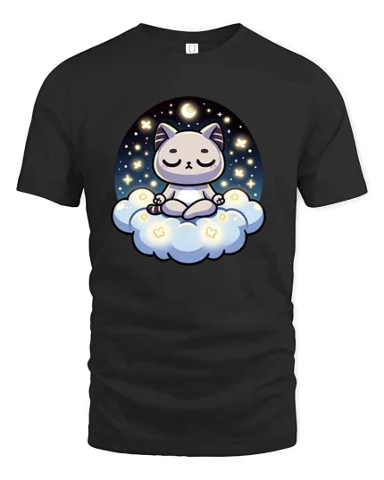 Cute Meditating Cat Moon Cloud Kawaii Graphic T-Shirt Tee - black t-shirt on white background