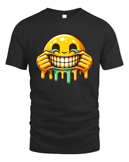 Melting Smile Emoji Funny Graphic T-Shirt Drip Art Humor - black t-shirt on white background