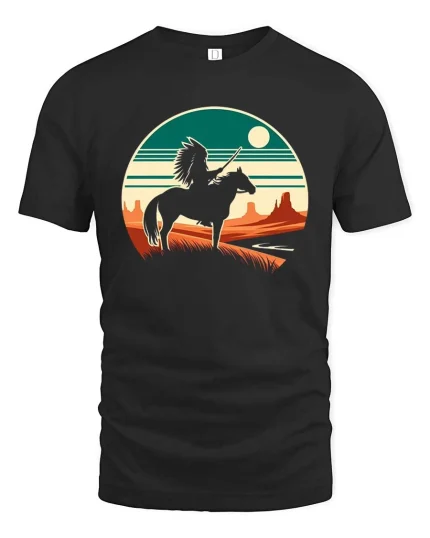 Native Warrior Horse Sunset Vintage Graphic T-Shirt Design - black t-shirt on white background