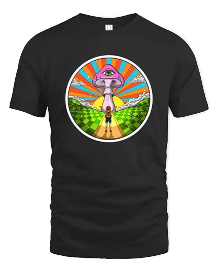 Psychedelic Mushroom Eye Surreal Graphic T-Shirt Design - black t-shirt on white background