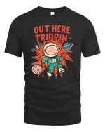 Out Here Trippin Astronaut Space Funny Graphic T-Shirt Tee - black t-shirt on white background