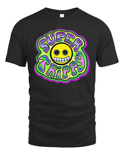 Super Trippy Smiley Psychedelic Retro Graphic T-Shirt Tee - black t-shirt on white background