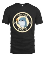 I Choose Chaos Funny Shark Cartoon Graphic T-Shirt Design - black t-shirt on white background