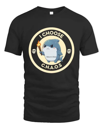 I Choose Chaos Funny Shark Cartoon Graphic T-Shirt Design - black t-shirt on white background