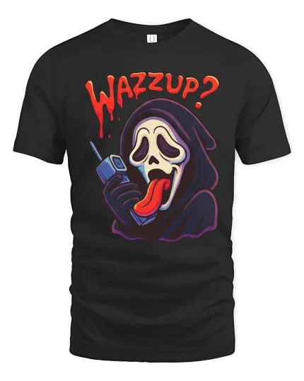 Wazzup Funny Horror Ghost Parody Graphic T-Shirt Retro Tee - black t-shirt on white background