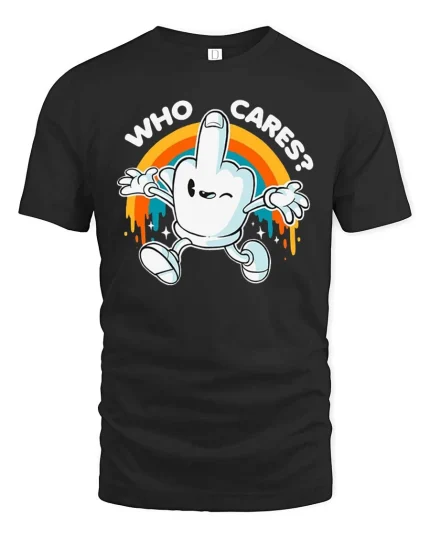 Who Cares Funny Retro Cartoon Hand Graphic T-Shirt Humor - black t-shirt on white background